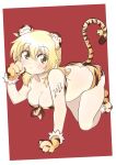  1girl absurdres all_fours animal_ears animal_print blonde_hair blush breasts brown_eyes cleavage commission commissioner_upload fake_animal_ears fake_tail hidamari_sketch highres long_hair looking_at_viewer miyako_(hidamari_sketch) new_year red_background smile solo tail tiger_ears tiger_print tiger_tail 