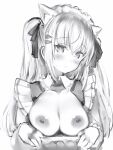 1girl animal_ears blush breasts breasts_outside cat_ears copyright_request greyscale hair_ribbon highres large_breasts long_hair looking_at_viewer maid maid_headdress monochrome nanashi_(nlo) nipples ribbon simple_background solo sweat twintails upper_body white_background 