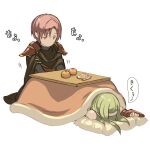  1boy 1girl armor bad_id bad_pixiv_id blanket brown_cape cape defender_(elona) elona food fruit gold_trim green_hair hairband harusame_(rueken) kneeling kotatsu long_hair looking_at_another lying mandarin_orange no_mouth off_shoulder pauldrons pillow pink_hair protagonist_(elona) red_armor rueken&#039;s_elona_player_character shiny shiny_hair short_hair shoulder_armor simple_background sleeping speech_bubble table talking translation_request under_covers under_kotatsu under_table white_background white_hairband 