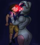 absurd_res anthro clothing constricted_pupils costume curvy_figure digital_drawing_(artwork) digital_media_(artwork) duo eye_contact eyelashes female five_nights_at_freddy&#039;s frown fursuit gregory_(fnaf) hi_res holding_another human lagomorph leporid looking_at_another male mammal pupils rabbit rakoongrey scottgames signature simple_background small_pupils standing vanny_(fnaf) video_games voluptuous worried 