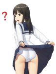  1girl ? ass bangs blouse blue_sailor_collar blue_skirt clothes_lift commentary cowboy_shot crotch_seam from_behind highres lifted_by_self long_hair long_sleeves looking_at_viewer looking_back maburu_(lojyq1eur3e8bit) miniskirt open_mouth original panties pleated_skirt sailor_collar simple_background skirt skirt_lift solo standing underwear white_background white_blouse white_panties 