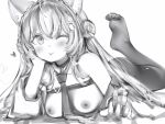  1girl :p animal_ears arm_support blush braid breasts crown_braid flower greyscale hair_flower hair_ornament hakui_koyori head_rest heart highres holding hololive looking_at_viewer lying medium_breasts monochrome nanashi_(nlo) necktie nipples on_stomach one_eye_closed pantyhose simple_background smile soles solo test_tube the_pose tongue tongue_out vial white_background 