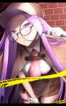  1girl bangs breasts brown_capelet capelet deerstalker detective fate/stay_night fate_(series) forehead glasses hat highres large_breasts long_hair looking_at_viewer magnifying_glass medusa_(fate) medusa_(rider)_(fate) minami_koyogi parted_bangs purple_eyes purple_hair sidelocks solo very_long_hair 