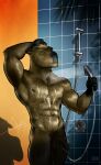  5_fingers abs anthro balls bgn biceps brown_balls brown_body brown_fur brown_penis capybara caviid eyes_closed fingers flaccid fur genitals hair hi_res male mammal nipples nude pecs penis rodent shower showering solo wet 