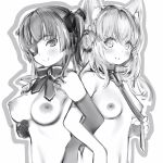  2girls blush braid breasts closed_mouth crown_braid elbow_gloves eyepatch gloves greyscale hakui_koyori highres hololive houshou_marine large_breasts locked_arms long_hair looking_at_viewer medium_breasts monochrome multiple_girls nanashi_(nlo) necktie nipples one_eye_closed one_eye_covered simple_background smile twintails white_background 