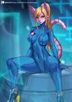  alanscampos alternate_species anthro blonde_hair bodysuit breasts clothing domestic_cat eyebrows eyelashes felid feline felis female footwear fur gloves hair handwear hi_res hologram inner_ear_fluff long_hair looking_at_viewer mammal metroid nintendo pink_body pink_fur ponytail pupils samus_aran sitting skinsuit slit_pupils smile solo spread_legs spreading tight_clothing tuft video_games zero_suit 