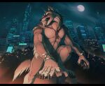  2021 abs anthro canid canine canis city digital_media_(artwork) hi_res male mammal moon night nude open_mouth outside sky solo suzamuri teeth tongue wolf 