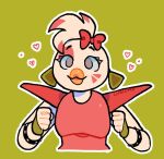  &lt;3 accessory animatronic anthro avian beak bird bodysuit bracelet chicken clothing ear_piercing ear_ring eyelashes facial_markings female fist five_nights_at_freddy&#039;s five_nights_at_freddy&#039;s:_security_breach galliform gallus_(genus) glamrock_chica_(fnaf) green_background hair_accessory hair_bow hair_ribbon head_markings jewelry lipstick looking_at_viewer lublumm machine makeup markings metallic_body phasianid piercing ribbons robot scottgames shoulder_pads simple_background skinsuit smile solo spiked_bracelet spikes tight_clothing video_games 