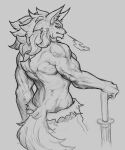  2021 anthro back_muscles breath canid canine canis clothed clothing electropol greyscale male mammal melee_weapon monochrome muscular muscular_anthro muscular_arms muscular_male solo sword topless weapon wolf 