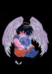  1boy absurdres angel_wings ankle_boots black_hair blue_footwear blue_sash blue_wristband boots closed_eyes closed_mouth dark_background dot_nose dougi dragon_ball dragon_ball_super dragon_ball_z feathered_wings feathers fingernails floating full_body glowing halo happy head_tilt highres kodama_(marugoto_omikan) light_smile male_focus muscular obi object_hug sash short_sleeves simple_background son_goku sparkle spiked_hair symbol-only_commentary white_wings wings wristband 