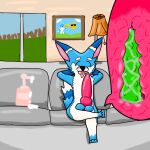  animal_genitalia animal_penis anthro big_dildo big_penis blue_body blue_fur canid canine canine_penis canis crossed_legs detailed_background dildo dildo_sitting domestic_dog eyes_closed fur furniture genitals hands_behind_back hi_res husky lube male mammal maxwolf(twitch) mister_redintong nordic_sled_dog penetration penis sex_toy sitting sofa solo spitz tongue tongue_out 