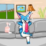  anthro big_penis blue_body blue_fur bodily_fluids canid canine canis crossed_legs cum cumshot detailed_background domestic_dog ejaculation eyes_closed fur furniture genital_fluids genitals hands_behind_back hi_res husky lube_bottle male mammal maxwolf(twitch) mister_redintong nordic_sled_dog penis sitting sofa solo spitz tongue tongue_out 