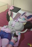  absurd_res anthro bed bedroom big_breasts breasts clothed clothing eeveelution female furniture hi_res inside male male/female nintendo pawronica pillow pok&eacute;mon pok&eacute;mon_(species) size_difference smaller_male smile sylveon vaporeon video_games 
