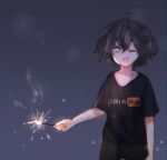  1girl :d absurdres ahoge bangs black_pants black_shirt blind_girl_(popopoka) body_freckles borrowed_character collarbone eyebrows_visible_through_hair fireworks freckles gradient gradient_background grey_background grey_eyes highres holding meme neqo_(neneneqo) one_eye_closed original pants pornhub shirt short_hair signature smile solo symbol-only_commentary teeth upper_teeth 