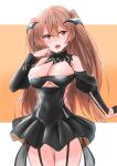  1girl absurdres black_dress breasts brown_eyes cleavage dress fang garter_straps highres horns johnston_(kancolle) kamaboko_senshi kantai_collection large_breasts light_brown_hair long_hair looking_at_viewer official_alternate_costume solo standing two_side_up 