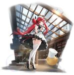  1girl artist_request azur_lane black_footwear full_body high_heels highres indoors long_hair looking_at_viewer maid maid_headdress manjuu_(azur_lane) official_alternate_costume official_art open_mouth red_eyes red_hair skindentation thigh_strap thighhighs transparent_background twintails u-1206_(azur_lane) u-1206_(maid_just_for_you)_(azur_lane) white_legwear 