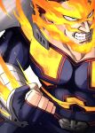  1boy 98_yvo absurdres angry beard blue_eyes bodysuit boku_no_hero_academia burn_scar clenched_teeth close-up costume endeavor_(boku_no_hero_academia) facial_hair fighting_stance fingerless_gloves fire fist_in_hand gloves highres looking_to_the_side male_focus mature_male muscular muscular_male mustache parted_lips punching red_hair scar scar_on_face scar_on_mouth short_hair simple_background skin_tight solo special_moves teeth very_short_hair 