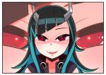  1girl bangs black_hair black_jacket blue_hair commentary_request demon_girl demon_horns eyebrows_visible_through_hair fang horns ishimari jacket long_hair multicolored_hair open_mouth pointy_ears red_eyes shaded_face shishio_chris smile solo sugar_lyric two-tone_hair upper_body virtual_youtuber zoom_layer 