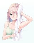  1girl armpits blue_background blue_eyes closed_mouth collarbone cropped_torso eyebrows_visible_through_hair hair_between_eyes highres holding holding_towel kantai_collection medium_hair one_eye_closed pink_hair shiranui_(kancolle) simple_background solo towel twitter_username u_yuz_xx upper_body 