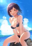  1girl absurdres bikini blue_hair blue_sky breasts brown_eyes cleavage cloud day feet_out_of_frame highres horizon looking_at_viewer maimaiko medium_breasts mole mole_under_eye nijisanji ocean outdoors rock shizuka_rin short_hair sitting sky smile solo swimsuit virtual_youtuber 