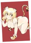  1girl absurdres all_fours anal anal_object_insertion anal_tail animal_ears animal_print ass blonde_hair blush bottomless breasts brown_eyes cleavage commission commissioner_upload fake_animal_ears fake_tail hidamari_sketch highres long_hair looking_at_viewer miyako_(hidamari_sketch) new_year object_insertion red_background smile solo tail tiger_ears tiger_print tiger_tail tongue tongue_out 