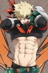 1boy abs arms_behind_head artist_name bakugou_katsuki belt ben-day_dots blonde_hair boku_no_hero_academia come_hither costume explosive eye_contact gauntlets grenade groin head_down highres kuroshinki licking_lips looking_at_another looking_at_viewer male_focus midriff muscular muscular_male naughty_face navel nipples open_mouth pectorals red_eyes screentones seductive_smile short_hair skin_tight smile solo spiked_hair teeth tongue tongue_out two-tone_background undressing watermark 