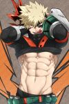  1boy :q abs arms_behind_head artist_name bakugou_katsuki belt ben-day_dots blonde_hair boku_no_hero_academia come_hither costume explosive gauntlets grenade groin head_down highres hip_bones kuroshinki licking_lips looking_at_viewer male_focus midriff muscular muscular_male naughty_face navel nipples obliques open_mouth pectorals red_eyes screentones seductive_smile short_hair skin_tight smile solo spiked_hair superhero_costume teeth tongue tongue_out two-tone_background underpec undressing watermark 