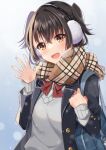  1girl :d bag bangs black_hair blazer blush bow breasts brown_eyes brown_scarf commentary_request diagonal-striped_bow earmuffs eyebrows_visible_through_hair fringe_trim grey_sweater hair_between_eyes hands_up highres jacket long_sleeves nekozuki_yuki original plaid plaid_scarf red_bow scarf school_bag school_uniform shirt sleeves_past_wrists small_breasts smile solo sweater two_side_up upper_body white_shirt 