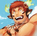  1boy :d animal_ears bara brown_eyes brown_hair cow_boy cow_ears cow_horns cropped_shoulders facial_hair feather_necklace fiery_horns forked_eyebrows glowing_horns goatee highres horns jumping large_pectorals m0m030m male_focus muscular muscular_male nude pectorals short_hair sky smile solo spiked_hair sweat teeth thick_eyebrows tokyo_afterschool_summoners upper_body wakan_tanka 