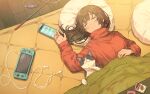  1girl animal bangs black_hair blush cat cellphone closed_eyes commentary_request earbuds earphones eyebrows_behind_hair facing_viewer hand_up handheld_game_console highres indoors kotatsu long_hair long_sleeves lying on_back original parted_lips phone pillow red_sweater saino sleeping sleeves_past_wrists solo sweater table turtleneck turtleneck_sweater under_kotatsu under_table upper_body wooden_floor 