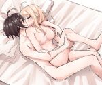  1boy 1girl ahoge akamatsu_kaede bangs black_hair blonde_hair blush breasts brown_hair closed_eyes completely_nude danganronpa_(series) danganronpa_v3:_killing_harmony from_above hetero kiss large_breasts long_hair mishmasz nipples nude saihara_shuuichi sex shiny shiny_hair shiny_hiar sketch 