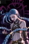  1girl arcane:_league_of_legends arcane_jinx artist_name asymmetrical_bangs bangs bare_shoulders belt black_background blue_hair blue_nails braid breasts brown_belt cloud_tattoo english_text fingerless_gloves gloves hand_up highres jinx_(league_of_legends) league_of_legends long_hair navel pants pink_eyes pink_nails small_breasts smile solo stomach striped striped_pants striped_sleeves tattoo twin_braids wandzardeen 