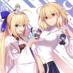  ahoge arcueid_brunestud artoria_pendragon_(caster)_(fate) artoria_pendragon_(fate) bangs blonde_hair blue_ribbon blue_skirt blush breasts cleavage dress facial_mark fate/grand_order fate_(series) forehead_mark green_eyes hair_ribbon highres large_breasts long_hair long_sleeves looking_at_viewer medium_breasts neko_daruma red_eyes ribbon short_hair skirt sweater tsukihime turtleneck turtleneck_sweater twintails white_dress white_sweater 