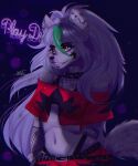  2021 anthro bloddymarty canid canine canis collar ear_piercing female fishnet fishnet_armwear five_nights_at_freddy&#039;s five_nights_at_freddy&#039;s:_security_breach fur green_highlights hi_res highlights_(coloring) mammal multicolored_body multicolored_fur piercing roxanne_wolf_(fnaf) scottgames simple_background smile solo spiked_collar spikes two_tone_body two_tone_fur video_games wolf yellow_eyes 