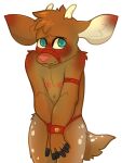  2_horns alleyballey anthro antlers bell blush blush_lines capreoline cel_shading cervid clothed clothing horn male mammal nervous nervous_smile nipples partially_clothed pink_nipples pinup pose reindeer restraints shaded solo tail_tuft tuft underwear 