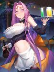  1girl apron bangs bare_shoulders black_legwear breasts cleavage collar cup drinking_glass facial_mark fate/stay_night fate_(series) forehead forehead_mark head_wings highres large_breasts long_hair looking_at_viewer medusa_(fate) medusa_(rider)_(fate) minami_koyogi parted_bangs purple_eyes purple_hair sidelocks thighhighs tray very_long_hair waist_apron 