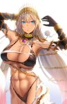  1girl abs armpits arms_up backlighting bangs bare_shoulders bikini black_bikini black_gloves blue_eyes breasts chain cleavage crown cuffs dark-skinned_female dark_skin earrings elbow_gloves fate/grand_order fate_(series) gloves grey_hair highleg highleg_bikini highres jewelry large_breasts long_hair looking_at_viewer minami_koyogi muscular muscular_female navel neck_ring swimsuit thighs zenobia_(fate) 