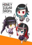  3girls alternate_costume bangs black_hair black_skirt black_sweater blue_eyes blue_hair blunt_bangs breasts bubble_tea chibi closed_mouth collared_shirt commentary_request cover cover_page cup demon_girl demon_horns demon_tail doujin_cover drinking_straw eyebrows_visible_through_hair flat_chest full_body grey_sweater highres holding holding_cup holding_suitcase horns ishimari juice_box kojo_anna large_breasts long_hair miniskirt multicolored_hair multiple_girls necktie open_mouth pointy_ears purple_hair purple_sweater red_eyes red_hair red_necktie ryugasaki_rene shirt shishio_chris skirt small_breasts smile sugar_lyric suitcase sweater tail twintails two-tone_hair virtual_youtuber white_shirt yellow_eyes 