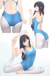  1girl absurdres adjusting_clothes arms_up ass backless_leotard bangs bare_arms bare_shoulders black_hair blue_eyes blue_leotard breasts cleavage closed_eyes closed_mouth collarbone covered_navel foot_up full_body gradient gradient_background highres interlocked_fingers kojo_(0124) leotard long_hair medium_breasts multiple_views original pantyhose sideways_glance simple_background sitting smile soles standing stirrup_legwear stretch thigh_gap thighs toeless_legwear twitter_username white_legwear yoga 