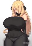  1girl aster_crowley bangs bare_shoulders black_gloves black_pants black_shirt blonde_hair blush breasts closed_mouth cynthia_(pokemon) elbow_gloves eyebrows_visible_through_hair gloves gradient gradient_background grey_eyes hair_ornament hair_over_one_eye highres huge_breasts looking_at_viewer one_eye_covered pants patreon_username pokemon pokemon_(game) pokemon_dppt shirt simple_background smile solo 