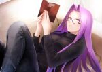  1girl bangs black_sweater book breasts denim fate/stay_night fate_(series) forehead glasses highres jeans large_breasts long_hair looking_at_viewer medusa_(fate) medusa_(rider)_(fate) minami_koyogi pants parted_bangs purple_eyes purple_hair sidelocks solo sweater very_long_hair 