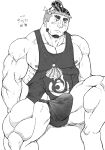  1boy bara blush bulge erection erection_under_clothes facial_hair feet_out_of_frame fundoshi goatee greyscale japanese_clothes large_pectorals male_focus masaru_oka mature_male monochrome muscular muscular_male nipple_slip nipples pectorals sarutahiko_(housamo) shell_necklace short_hair sideburns sidepec solo spot_color spread_legs tank_top thick_eyebrows thick_thighs thighs tokyo_afterschool_summoners 