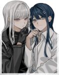  2girls alternate_costume bangs black_gloves black_jacket blue_eyes blue_hair border braid closed_mouth collared_shirt commentary danganronpa:_trigger_happy_havoc danganronpa_(series) eyebrows_visible_through_hair gloves grey_eyes grey_hair hair_ornament hairclip highres jacket kirigiri_kyouko long_hair long_sleeves looking_at_viewer maizono_sayaka multiple_girls muuyiie necktie purple_eyes school_uniform shirt side_braid silver_hair simple_background smile symbol-only_commentary white_background white_border 