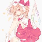  1girl bangs blonde_hair blush bobby_socks bow crystal flandre_scarlet frilled_shirt_collar frilled_skirt frilled_sleeves frills hat hat_ribbon looking_at_viewer mary_janes mob_cap one_side_up puffy_short_sleeves puffy_sleeves red_bow red_eyes red_footwear red_ribbon red_skirt red_vest ribbon shirt shoes short_hair short_sleeves skirt smile socks solo sorani_(kaeru0768) touhou vest white_background white_legwear white_shirt wings wrist_cuffs 