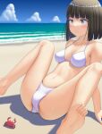  1girl arm_support bangs barefoot beach bikini black_eyes black_hair blue_sky blunt_bangs blunt_ends bob_cut breasts closed_mouth cloud cloudy_sky commentary crab frown halterneck highres horizon leaning_back looking_to_the_side maburu_(lojyq1eur3e8bit) medium_breasts navel ocean original shadow short_hair sitting sky solo spread_legs sweatdrop swimsuit white_bikini 