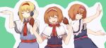  3girls =_= alice_margatroid bangs blonde_hair blue_dress blush capelet closed_eyes closed_mouth collared_capelet commentary_request cookie_(touhou) cowboy_shot dress eyebrows_visible_through_hair food fried_chicken frilled_capelet frilled_hairband frilled_neckwear frills hairband headphones highres hinase_(cookie) holding holding_food multiple_girls multiple_persona necktie open_mouth orange_hair pink_hairband red_hairband red_necktie red_sash rizeass sash short_hair smile touhou white_capelet 