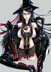  1girl bayonetta bayonetta_(character) beauty_mark black_hair blue_eyes boots breasts cameltoe candy chains cleavage cleavage_cutout earrings elbow_gloves erect_nipples female glasses gloves gun hat jewelry lollipop long_hair microskirt mole nipples red_ribbon ribbon riria simple_background sitting skirt solo thighhighs very_long_hair weapon witch_hat 