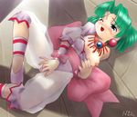  blue_eyes blush bow breasts drooling ellis_(toushinden) green_hair jewelry lying masturbation n3o2 necklace nipples slippers small_breasts solo tears toushinden 
