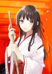 1girl :d absurdres bamboo_broom bangs blurry blurry_background blush broom brown_hair commentary_request depth_of_field eyebrows_visible_through_hair hachimitsu_honey hair_ribbon hakama highres holding holding_broom japanese_clothes kimono long_hair long_sleeves miko open_mouth original red_eyes red_hakama red_ribbon ribbon ribbon-trimmed_sleeves ribbon_trim short_kimono smile solo upper_body white_kimono wide_sleeves 