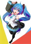  1girl :d ahoge arm_up bangs black_legwear black_skirt black_sleeves blue_eyes blue_hair blue_neckwear blush breasts collared_shirt commentary detached_sleeves eyebrows_visible_through_hair foreshortening from_above full_body hair_between_eyes hair_ornament hatsune_miku long_hair long_sleeves looking_at_viewer looking_up mamagogo_(gomaep) necktie open_mouth pleated_skirt pointing shirt short_necktie skirt sleeveless sleeveless_shirt sleeves_past_wrists small_breasts smile solo standing standing_on_one_leg thighhighs tie_clip twintails very_long_hair vocaloid white_shirt wide_sleeves 